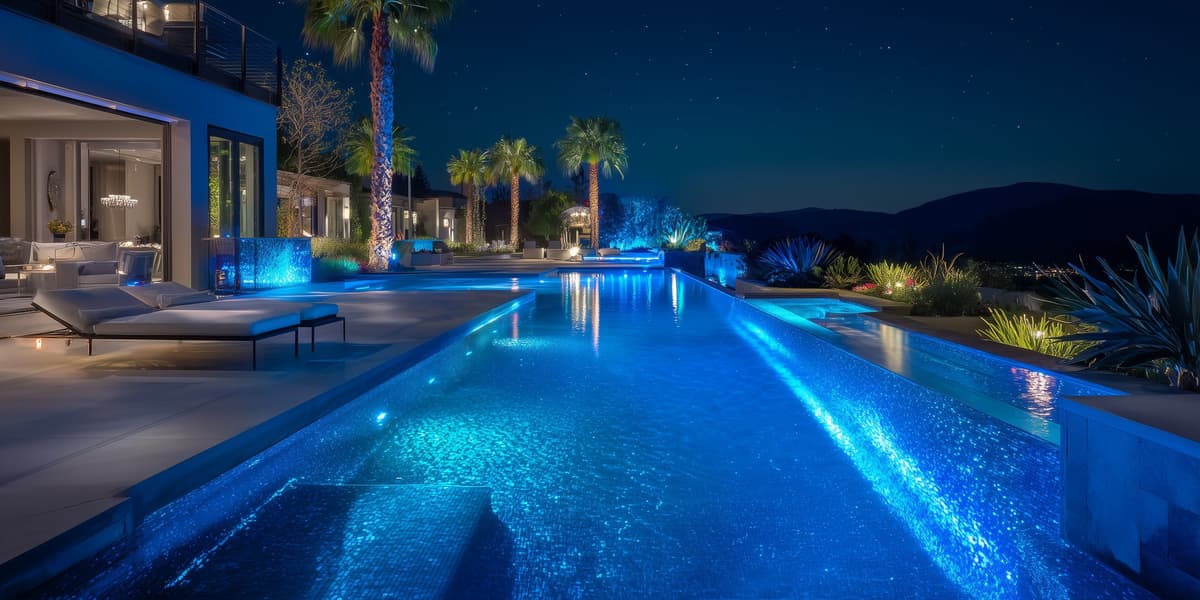 Piscina pequeña de patio trasero con diseño moderno de noche (Compact Modern Pool)